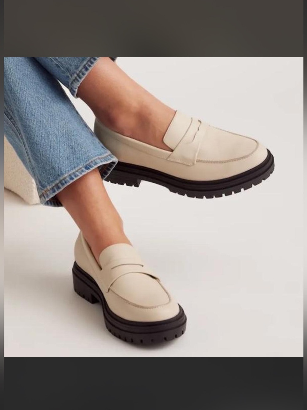 Quince Cream Penny Loafers with Black Lug Sole